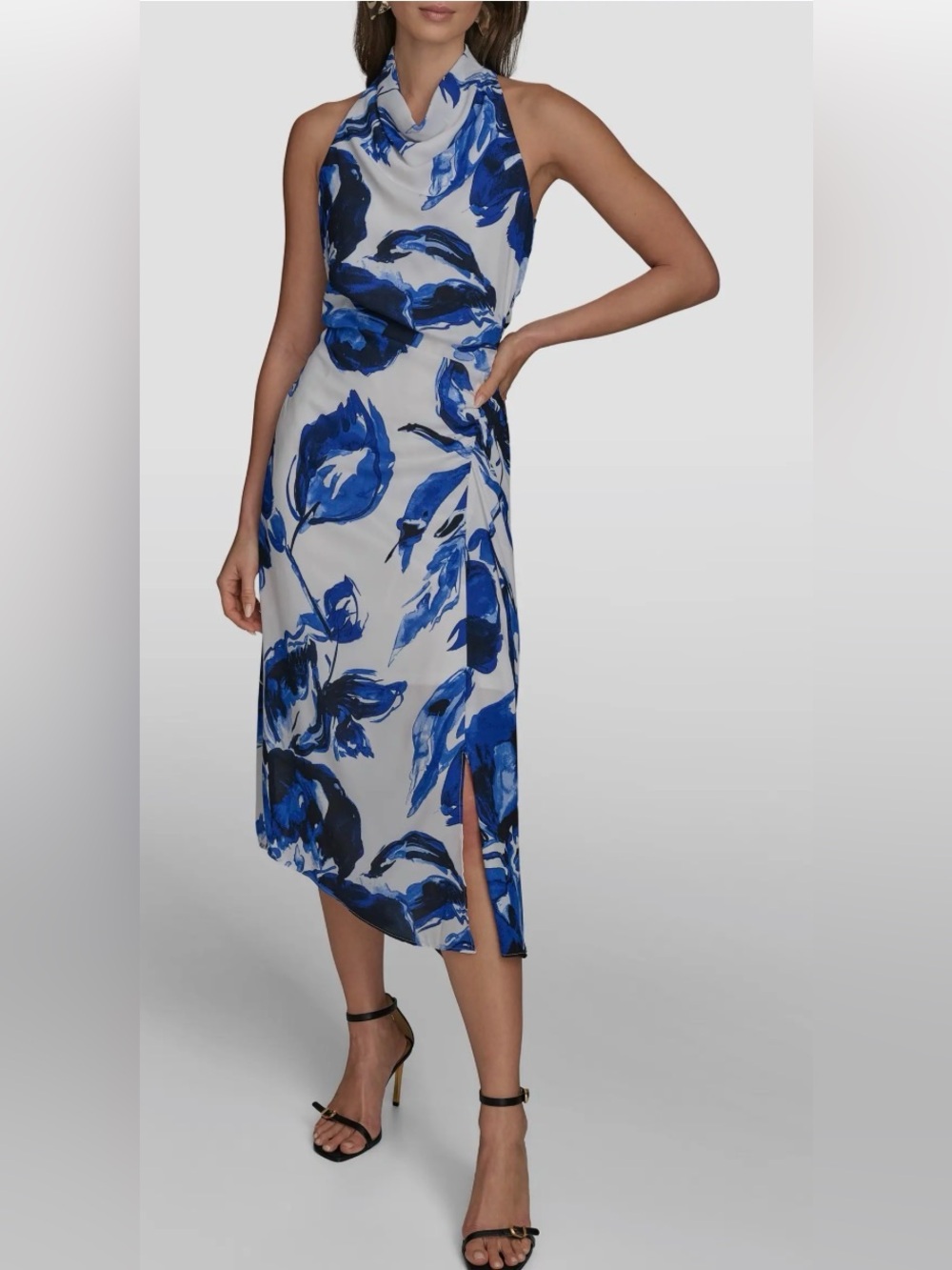 Donna Karan Floral Cowl Neck Asymmetric Dress 14